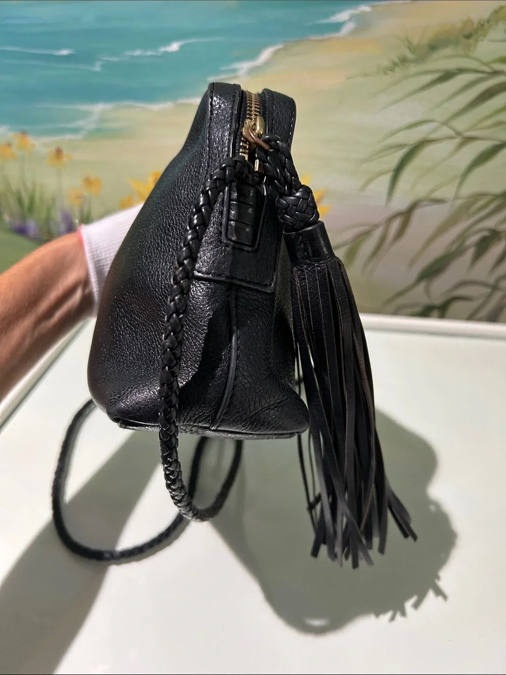 Tory Burch Black Pebbled Leather Camera Crossbody Bag with Tassel